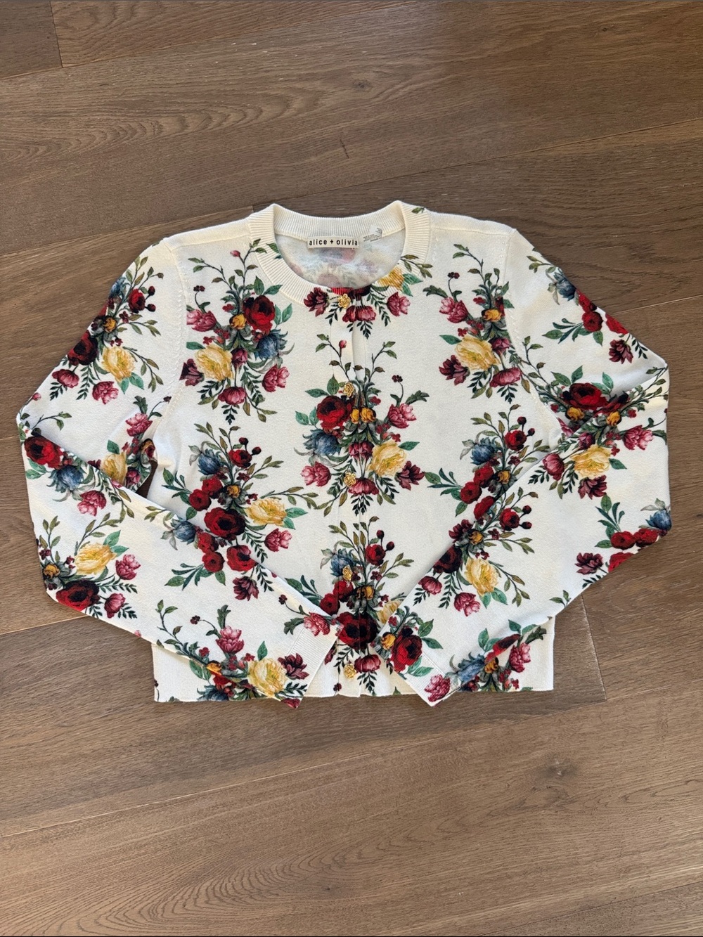 Alice + Olivia Cream Crewneck Sweater with Red, Yellow & Green Floral Print